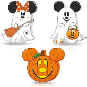CIOEY Halloween 3D Mouse Shaped Wooden Table Decor，3 Pcs Cute Pumpkin Witch Ghost Spider Wooden Tiered Tray Decor，wood Centerpiece Tabletop Ornament for Holiday Tiered Tray Halloween Party Decoration