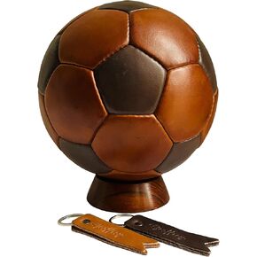 Geoffrey Vintage 32 Panel Soccer Ball 100% Cow Leather with Wooden Base | TAN & Dark Brown | Size 5 | Retro Football