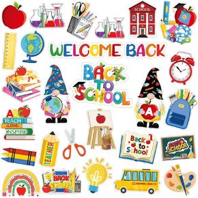 43 Pcs Back to School Window Thick Gel Clings School Window Clings Decals for Welcome Back to School Gnome School Bus Rulers Window Gel Stickers for First Day of School Party Wall Glass