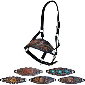 Majestic Ally Equestrian Designer Bronc Halter for Horses, Hand-Tooled Leather Nose, Padded Nylon Crown and Noseband