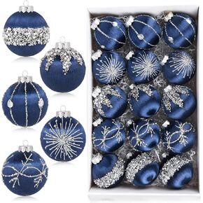 Christmas Balls Navy Blue Ornaments - Pack of 15 Luxury Christmas Tree Decorations Shatterproof - Satin Glitter Xmas Bulbs Set, 80mm 3.15 inch