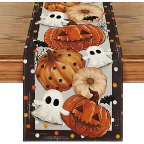 Artoid Mode Jack-O'-Lantern Pumpkin Ghost Spider Web Halloween Table Runner,Holiday Kitchen Dining Table Decoration for Home Party Decor 13 x 72 Inch