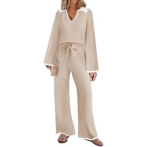 ZESICA Women's Two Piece Thin Sweater Lounge Sets 2024 Fall Winter Oversized Knit Pullover Wide Leg Pants Outfits