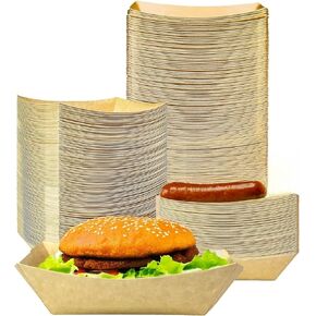 100Pcs Kraft Brown Paper Food Trays, Disposable Paperboard Serving Baskets for Grease Resistant Fast Food, Boats Baskets Trays for Party Snacks French Fries Nachos Tacos BBQ (100)