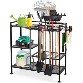 Garden Tool Organizer, 3 Tier Yard Tool Rack with Large Tool Slots & Small Tool Hooks, Large Capacity Tool Shelf, Heavy Duty Metal Tower Rack for Garden Lawn Garage Shed