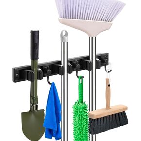 Mop holder, broom holder, stainless steel wall hanging tool storage device with 3 hooks in 3 positions, suitable for home bathrooms, kitchens, and gardens
