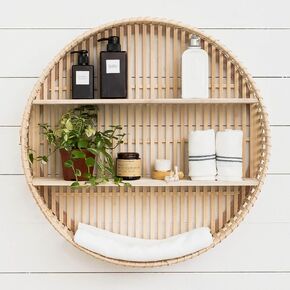 Rattan Wall Shelf 3 Tier Boho Wall Mounted Shelf Farmhouse Handcraft Round Floating Shelf Display Rack Storage Circular Hanging Shelf for Livingroom Home Decor