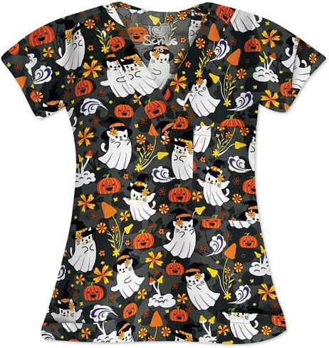 Halloween Scrub Top for Women, V-Neck, Sizes XS-3XL in Saudi Arabia