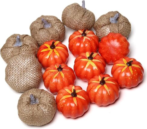 MELIUS 14Pcs Mini Pumpkins, 6Pcs Burlap Pumpkins & 8Pcs Orange Pumpkins for Fall Home Holiday Vase Filler Bowl Decor (OrangeBurlap-14Pcs) in Saudi Arabia