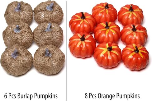 MELIUS 14Pcs Mini Pumpkins, 6Pcs Burlap Pumpkins & 8Pcs Orange Pumpkins for Fall Home Holiday Vase Filler Bowl Decor (OrangeBurlap-14Pcs) in Saudi Arabia