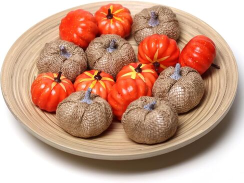 MELIUS 14Pcs Mini Pumpkins, 6Pcs Burlap Pumpkins & 8Pcs Orange Pumpkins for Fall Home Holiday Vase Filler Bowl Decor (OrangeBurlap-14Pcs) in Saudi Arabia
