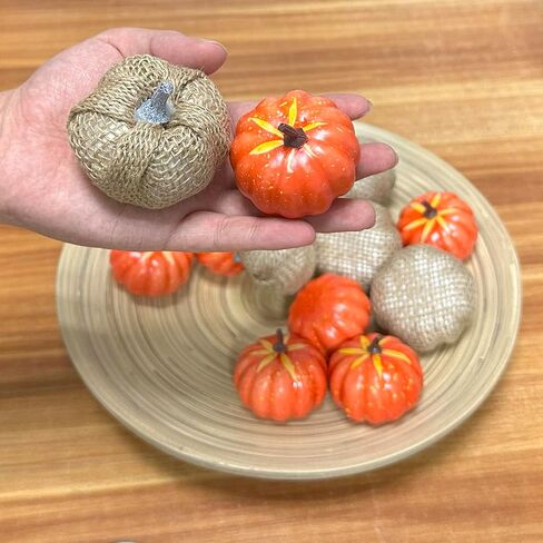 MELIUS 14Pcs Mini Pumpkins, 6Pcs Burlap Pumpkins & 8Pcs Orange Pumpkins for Fall Home Holiday Vase Filler Bowl Decor (OrangeBurlap-14Pcs) in Saudi Arabia