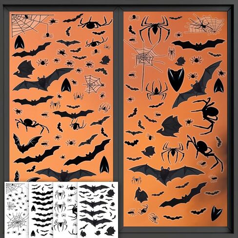 4 Sheets Halloween Window Clings, Black Bats Spiders Web Window Stickers Spooky Halloween Decorations Wall and Floor Decals for School Home Indoor Party Decor Supplies in Saudi Arabia