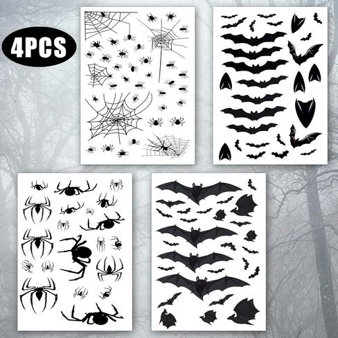 4 Sheets Halloween Window Clings, Black Bats Spiders Web Window Stickers Spooky Halloween Decorations Wall and Floor Decals for School Home Indoor Party Decor Supplies in Saudi Arabia