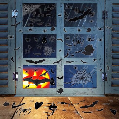 4 Sheets Halloween Window Clings, Black Bats Spiders Web Window Stickers Spooky Halloween Decorations Wall and Floor Decals for School Home Indoor Party Decor Supplies in Saudi Arabia