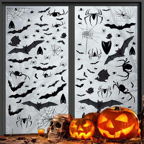4 Sheets Halloween Window Clings, Black Bats Spiders Web Window Stickers Spooky Halloween Decorations Wall and Floor Decals for School Home Indoor Party Decor Supplies in Saudi Arabia