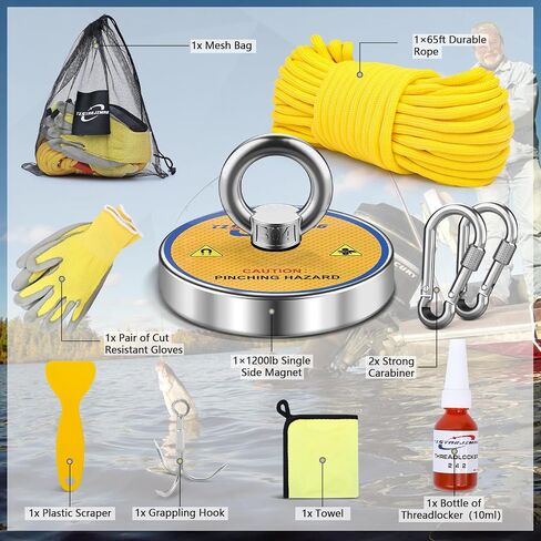 Single Side Magnet Fishing Kit,1400Lb Super Strong Fishing Magnets kit with 66 Ft Rope,Large Neodymium Magnetic Fishing with Full Accessories for Treasure&Underwater Cleaning-3.93" in Kuwait