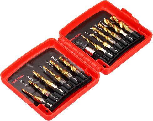 مجموعة رؤوس مثقاب من uxcell مكونة من 13 قطعة، SAE 6-32NC إلى 1/4-20NC متري M3 إلى M10 صنابير خيط مع محول تغيير سريع، طقم أدوات حفر لولبي مطلي بالتيتانيوم in Kuwait