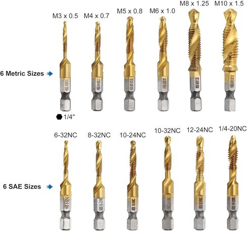 مجموعة رؤوس مثقاب من uxcell مكونة من 13 قطعة، SAE 6-32NC إلى 1/4-20NC متري M3 إلى M10 صنابير خيط مع محول تغيير سريع، طقم أدوات حفر لولبي مطلي بالتيتانيوم in Kuwait