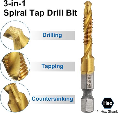 مجموعة رؤوس مثقاب من uxcell مكونة من 13 قطعة، SAE 6-32NC إلى 1/4-20NC متري M3 إلى M10 صنابير خيط مع محول تغيير سريع، طقم أدوات حفر لولبي مطلي بالتيتانيوم in Kuwait