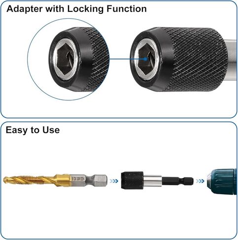 مجموعة رؤوس مثقاب من uxcell مكونة من 13 قطعة، SAE 6-32NC إلى 1/4-20NC متري M3 إلى M10 صنابير خيط مع محول تغيير سريع، طقم أدوات حفر لولبي مطلي بالتيتانيوم in Kuwait