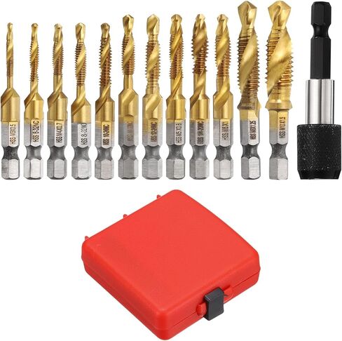 مجموعة رؤوس مثقاب من uxcell مكونة من 13 قطعة، SAE 6-32NC إلى 1/4-20NC متري M3 إلى M10 صنابير خيط مع محول تغيير سريع، طقم أدوات حفر لولبي مطلي بالتيتانيوم in Kuwait