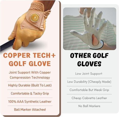 Copper Tech Men's Golf Gloves - Optimal Wrist Support with Copper Infused Thread - 100% AAA Synthetic Tacky Leather - Perfect for Summer & Fall Golfing - Golf Gloves Men (Hand Orientation: Both Hand) in Kuwait