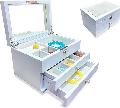 Wooden Jewelry Box 3-Tier Jewelry Organizer Box with Mirror，Locking Jewelry Case,2 Drawers,for Rings,Earrings,Bracelets Necklaces,Watches,Gift for Women Men and Girls,White in Saudi Arabia
