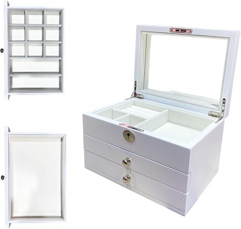 Wooden Jewelry Box 3-Tier Jewelry Organizer Box with Mirror，Locking Jewelry Case,2 Drawers,for Rings,Earrings,Bracelets Necklaces,Watches,Gift for Women Men and Girls,White in Saudi Arabia