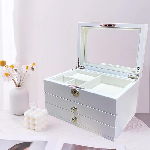 Wooden Jewelry Box 3-Tier Jewelry Organizer Box with Mirror，Locking Jewelry Case,2 Drawers,for Rings,Earrings,Bracelets Necklaces,Watches,Gift for Women Men and Girls,White in Saudi Arabia