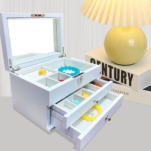 Wooden Jewelry Box 3-Tier Jewelry Organizer Box with Mirror，Locking Jewelry Case,2 Drawers,for Rings,Earrings,Bracelets Necklaces,Watches,Gift for Women Men and Girls,White in Saudi Arabia