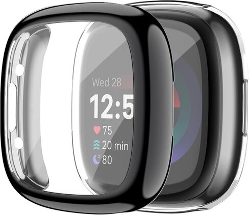 Tobfit for Fitbit Sense 2 / Fitbit Versa 4 Screen Protector Case, Soft Plated TPU Full Around Sensitive Touch Protective Cover for Fitbit Sense 2 / Fitbit Versa 4 Accessories, Black+Black in Kuwait