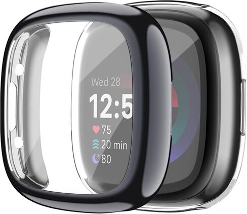 Tobfit for Fitbit Sense 2 / Fitbit Versa 4 Screen Protector Case, Soft Plated TPU Full Around Sensitive Touch Protective Cover for Fitbit Sense 2 / Fitbit Versa 4 Accessories, Black+Black in Kuwait