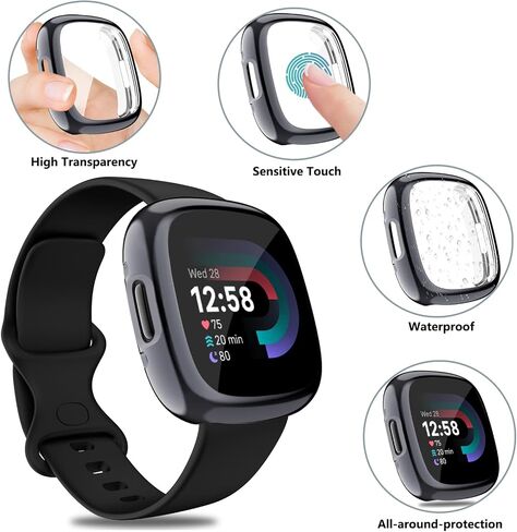 Tobfit for Fitbit Sense 2 / Fitbit Versa 4 Screen Protector Case, Soft Plated TPU Full Around Sensitive Touch Protective Cover for Fitbit Sense 2 / Fitbit Versa 4 Accessories, Black+Black in Kuwait