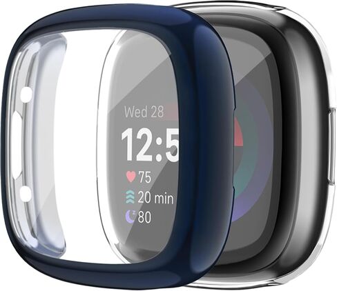 Tobfit for Fitbit Sense 2 / Fitbit Versa 4 Screen Protector Case, Soft Plated TPU Full Around Sensitive Touch Protective Cover for Fitbit Sense 2 / Fitbit Versa 4 Accessories, Black+Black in Kuwait