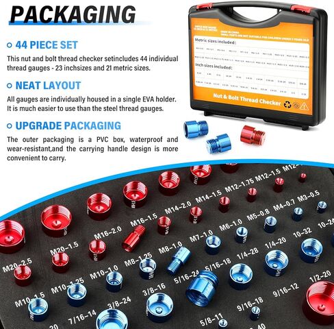 مجموعة أدوات فحص خيط الصواميل والمسمار الهوائية من TAILONZ، تحقق من أبعاد الصواميل والمسمار الإمبراطورية والمترية لفحص خيط الصواميل والمسمار، مقياس ذكر، مقياس المسمار 44 قطعة in Kuwait