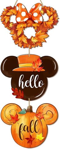 Hello Fall Mouse Front Door Sign, Autumn Maple Leaves Wood Door Hanger, Rustic Thanksgiving Harvest Outdoor Porch Yard Decor, Wooden Wreath Indoor Wall Hanging Home Decoration 3 Plaque in Saudi Arabia