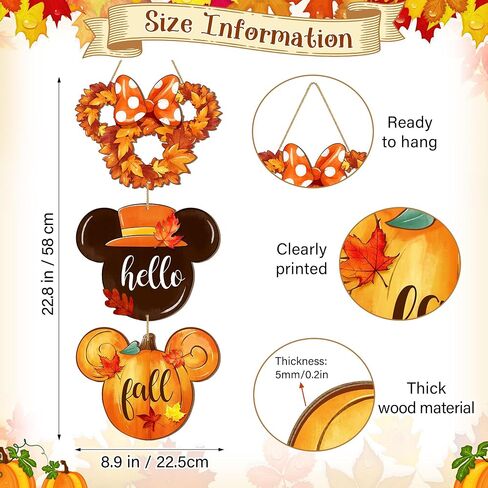 Hello Fall Mouse Front Door Sign, Autumn Maple Leaves Wood Door Hanger, Rustic Thanksgiving Harvest Outdoor Porch Yard Decor, Wooden Wreath Indoor Wall Hanging Home Decoration 3 Plaque in Saudi Arabia