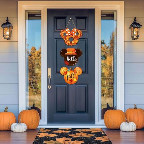 Hello Fall Mouse Front Door Sign, Autumn Maple Leaves Wood Door Hanger, Rustic Thanksgiving Harvest Outdoor Porch Yard Decor, Wooden Wreath Indoor Wall Hanging Home Decoration 3 Plaque in Saudi Arabia