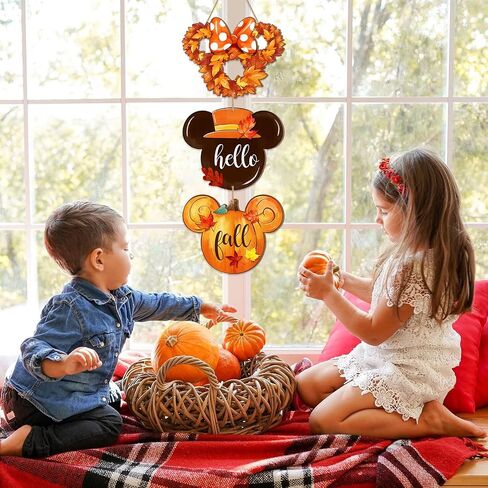 Hello Fall Mouse Front Door Sign, Autumn Maple Leaves Wood Door Hanger, Rustic Thanksgiving Harvest Outdoor Porch Yard Decor, Wooden Wreath Indoor Wall Hanging Home Decoration 3 Plaque in Saudi Arabia