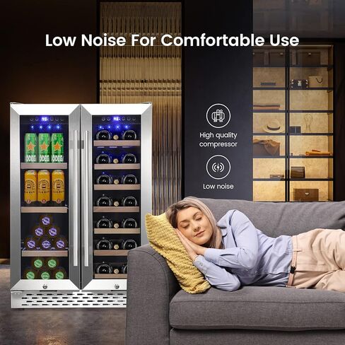 ثلاجة النبيذ والمشروبات، 55 علبة و20 زجاجة، مبرد نبيذ كبير مزدوج المنطقة مع ضاغط هادئ، مصباح LED أزرق، درجة حرارة مزدوجة 24 بوصة تحت ثلاجة النبيذ in Kuwait