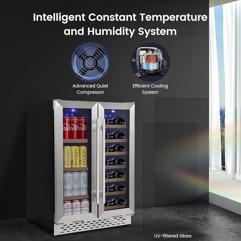 ثلاجة النبيذ والمشروبات، 55 علبة و20 زجاجة، مبرد نبيذ كبير مزدوج المنطقة مع ضاغط هادئ، مصباح LED أزرق، درجة حرارة مزدوجة 24 بوصة تحت ثلاجة النبيذ in Kuwait