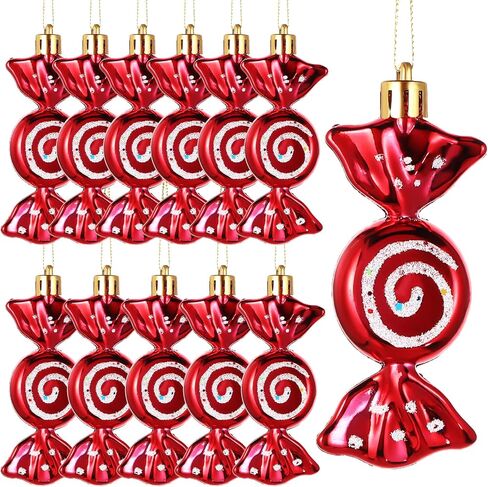 Threan 12 Pieces Christmas Candy Ornaments Hanging Glitter Candy Cane Ornaments Christmas Tree Candy Peppermint Ornaments with Golden Ropes for Xmas Halloween Party Decorations(Red) in Saudi Arabia