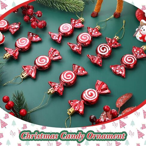 Threan 12 Pieces Christmas Candy Ornaments Hanging Glitter Candy Cane Ornaments Christmas Tree Candy Peppermint Ornaments with Golden Ropes for Xmas Halloween Party Decorations(Red) in Saudi Arabia