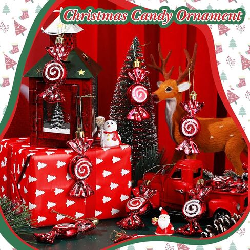 Threan 12 Pieces Christmas Candy Ornaments Hanging Glitter Candy Cane Ornaments Christmas Tree Candy Peppermint Ornaments with Golden Ropes for Xmas Halloween Party Decorations(Red) in Saudi Arabia