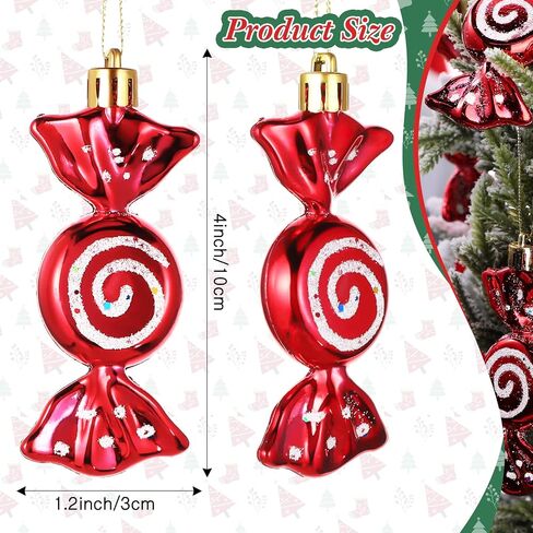 Threan 12 Pieces Christmas Candy Ornaments Hanging Glitter Candy Cane Ornaments Christmas Tree Candy Peppermint Ornaments with Golden Ropes for Xmas Halloween Party Decorations(Red) in Saudi Arabia