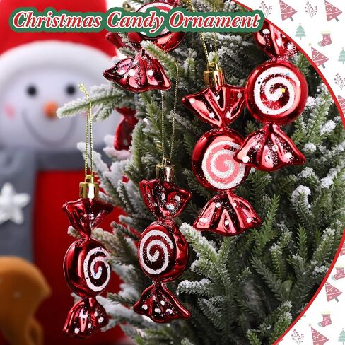Threan 12 Pieces Christmas Candy Ornaments Hanging Glitter Candy Cane Ornaments Christmas Tree Candy Peppermint Ornaments with Golden Ropes for Xmas Halloween Party Decorations(Red) in Saudi Arabia