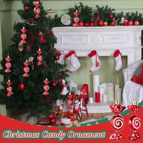 Threan 12 Pieces Christmas Candy Ornaments Hanging Glitter Candy Cane Ornaments Christmas Tree Candy Peppermint Ornaments with Golden Ropes for Xmas Halloween Party Decorations(Red) in Saudi Arabia