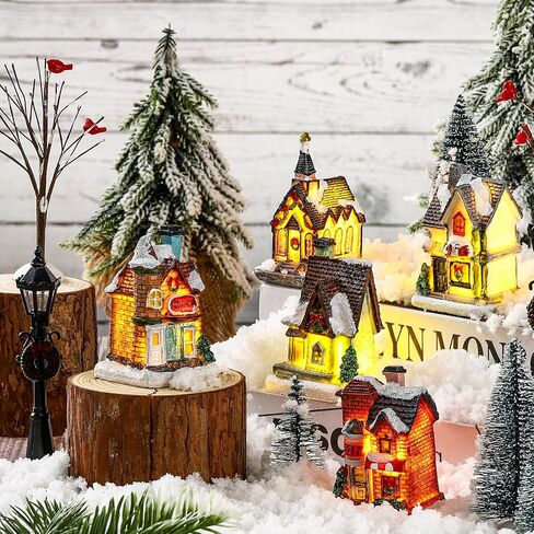 Christmas Winter Village Houses Set LED Lighted DIY Christmas Doll Figurines Christmas Miniature Resin Ornament Kits Christmas Cedar Bare Branch Tree Street Lamp Room Decor (Cute Style) in Saudi Arabia