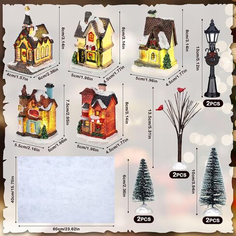Christmas Winter Village Houses Set LED Lighted DIY Christmas Doll Figurines Christmas Miniature Resin Ornament Kits Christmas Cedar Bare Branch Tree Street Lamp Room Decor (Cute Style) in Saudi Arabia